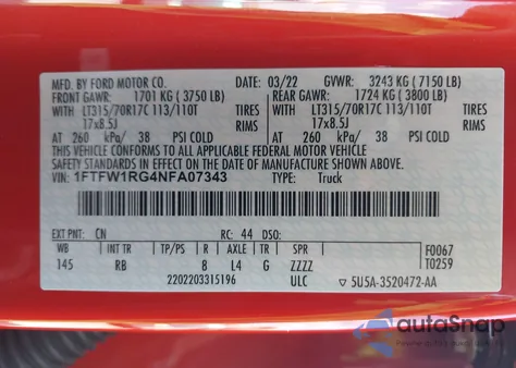 2022 Ford F-150 Raptor from USA, damaged, VIN 1FTFW1RG4NFA07343